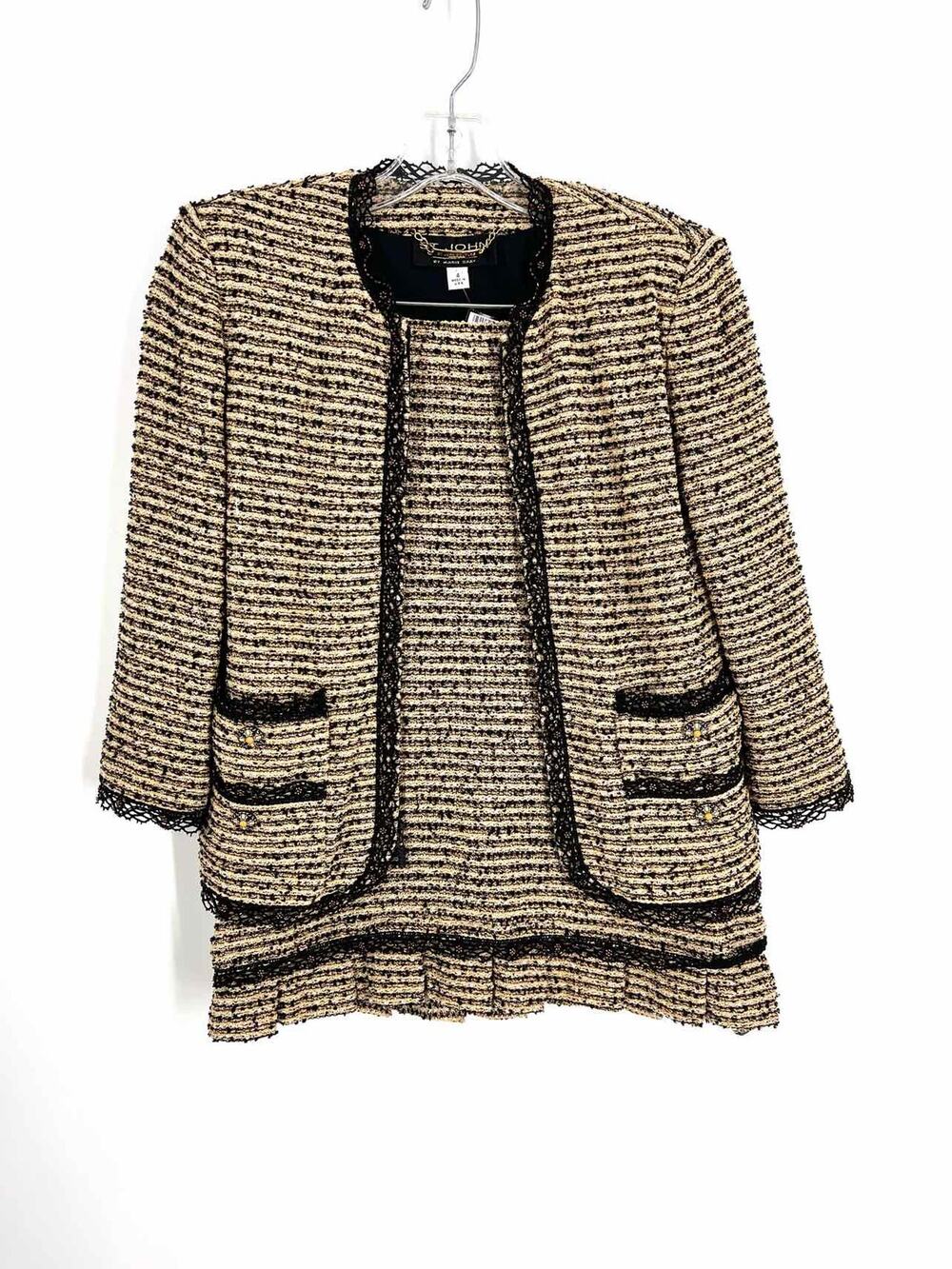 St. John Size 4 Tan/Black Tweed Pleated Trim Designer Skirt Suit